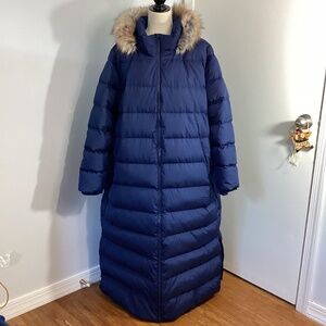 NWT LANDS END WOMAN PLUS 3X EXTRA LONG NAVY DOWN PUFFER COAT HOOD